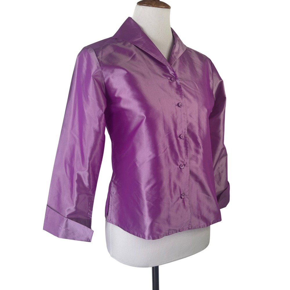 Eileen Fisher Silk Button Front Blouse 3/4 Sleeve Purple Iridescent Top Women XS